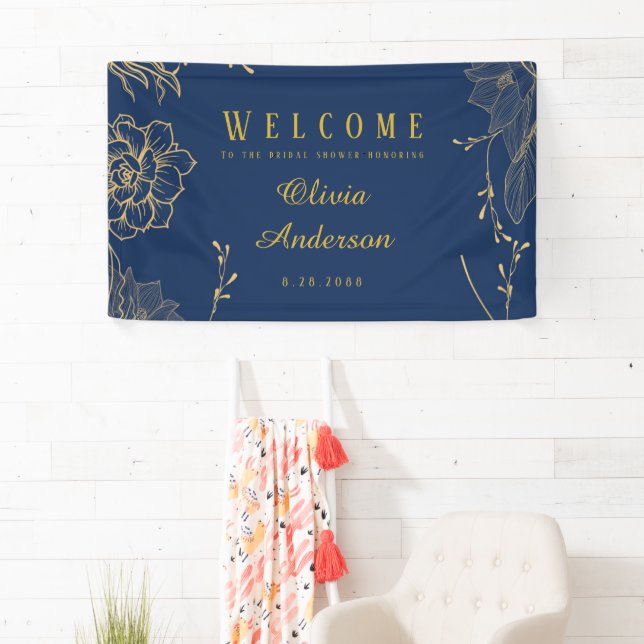 Classy Navy Blue Botanical Florals Bridal Shower Banner (Insitu)