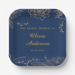 Classy Navy Blue Botanical Florals Bridal Shower Paper Plate