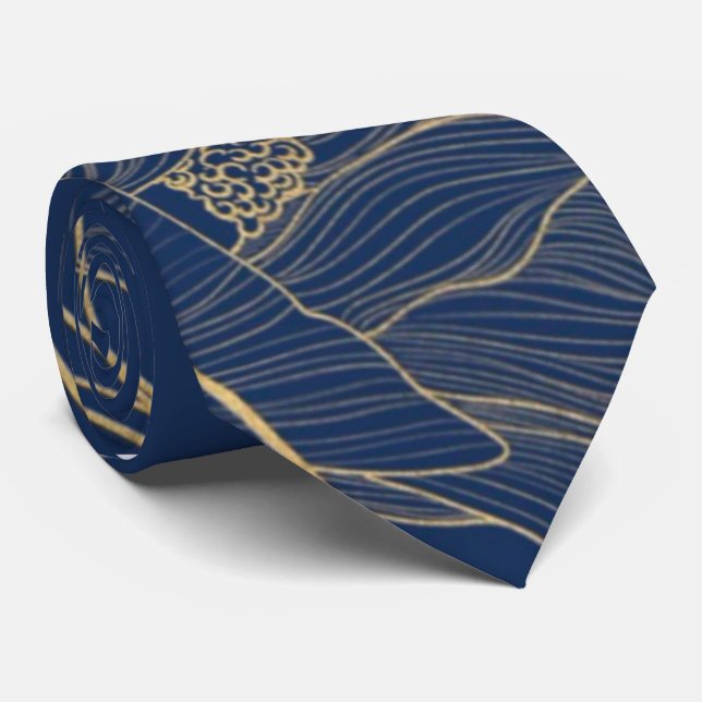 Classy Navy Blue Botanical Florals Groomesmen Tie (Rolled)