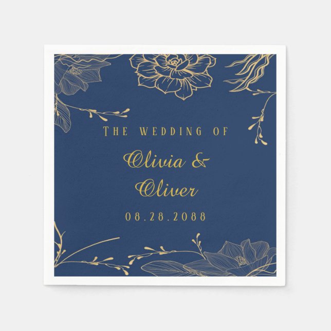Classy Navy Blue Botanical Florals Wedding Napkin (Front)