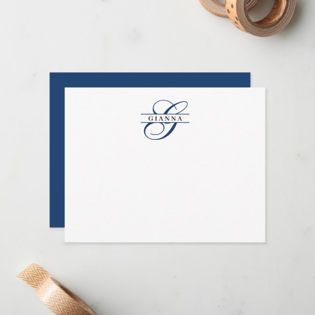 Classy Navy Blue Calligraphy Split Monogram Card (Front/Back In Situ)