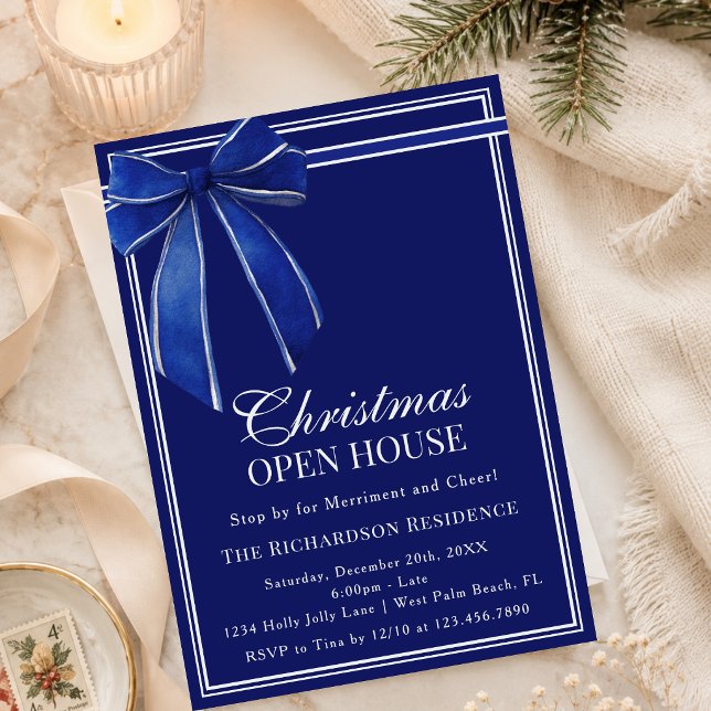 Classy Navy Blue Coquette Bow Christmas Open House Invitation (Creator Uploaded)