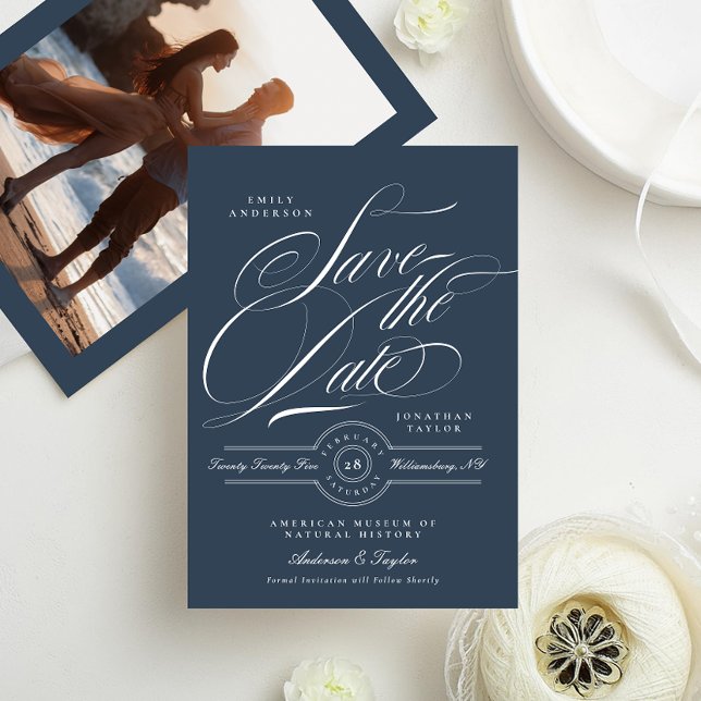 Classy Navy Blue Elegant Calligraphy Photo Back Save The Date (Creator Uploaded)