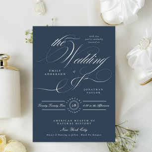 Classy Navy Blue Elegant Calligraphy Wedding Invitation