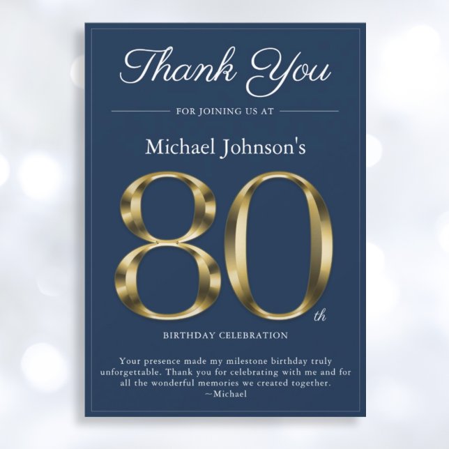 Classy Navy Blue Gold 80th Birthday Thank You Card (Mockup View)