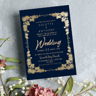 Classy navy blue gold floral frame border Wedding  Invitation