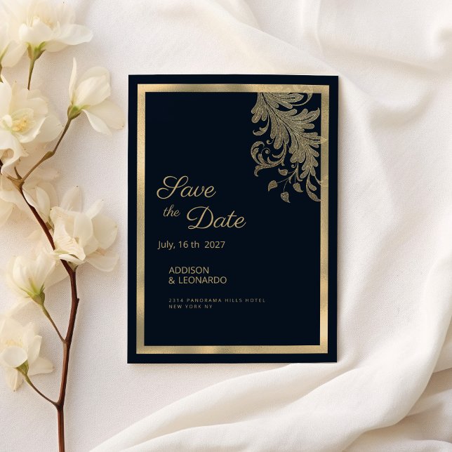 Classy navy blue gold floral lace Save the Date  Invitation (Classy navy blue gold floral lace Save the Date )