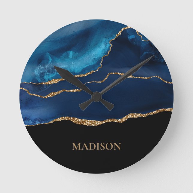 Classy Navy Blue Gold Glitter Black First Name    Round Clock (Front)