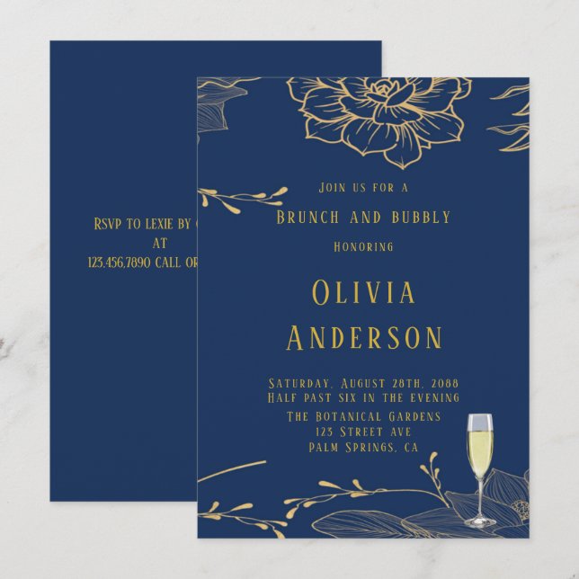 Classy Navy Blue Gold Rachel Brunch and Bubbly Invitation (Front/Back)