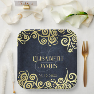 Classy Navy Blue Gold Swirls Wedding Sophisticated Paper Plate