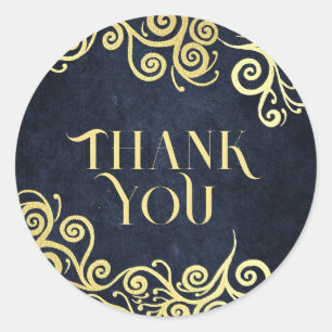 Classy Navy Blue & Gold Swirls Wedding Thank You Classic Round Sticker
