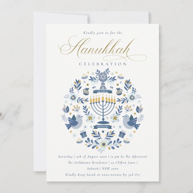 Classy Navy Blue Hanukkah Floral Party Holiday Card (Front)