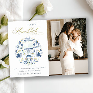 Classy Navy Blue Happy Hanukkah 1 Photo Floral Holiday Card