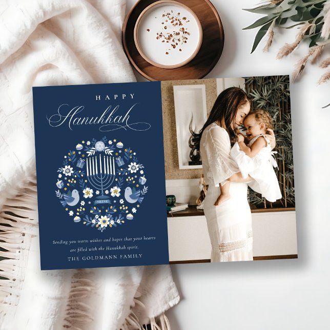 Classy Navy Blue Happy Hanukkah 1 Photo Floral Holiday Card (Creator Uploaded)