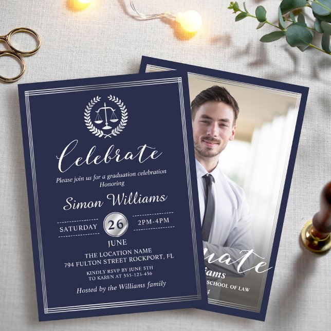 Classy Navy Blue Law School Graduation Party Photo Invitation (Creator Uploaded)