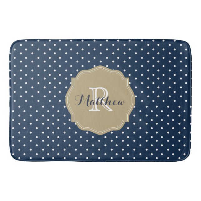 Classy Navy Blue Polka Dots and Coral Monogram Bath Mat (Front)