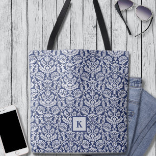 Classy Navy Damask Pattern Monogram Tote Bag