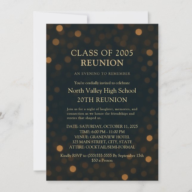 Classy Navy Gold 20th Class Reunion Invitation (Front)