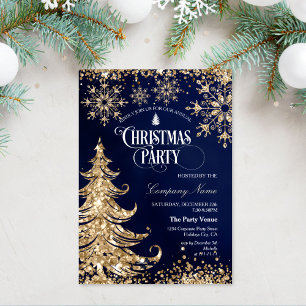 Classy Navy Gold Glitter Corporate Christmas Party Invitation