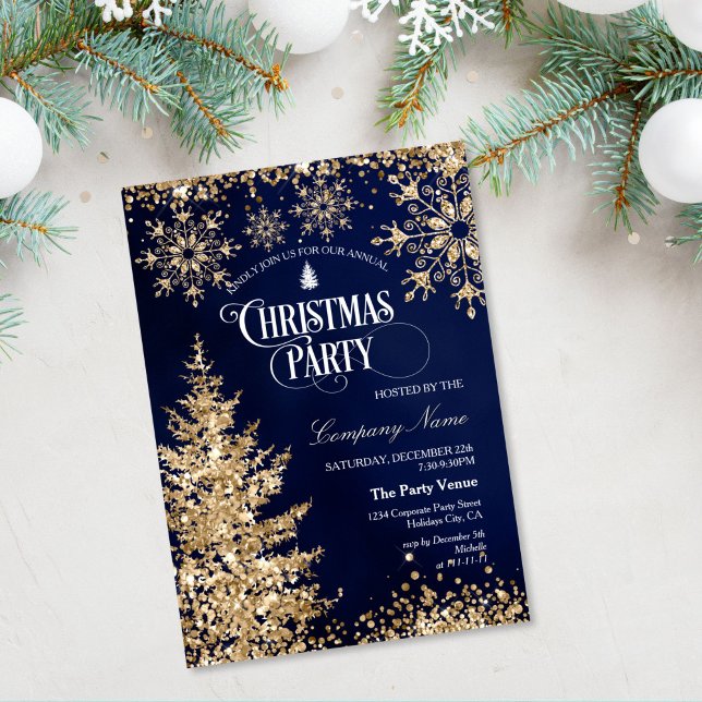 Classy Navy Gold Glitter Corporate Christmas Party Invitation (gold glitter christmas tree on the navy blue background christmas party invitation)