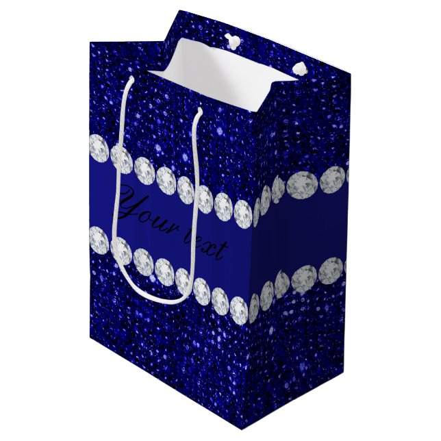 Classy Navy Sequins and Diamonds Personalised Medium Gift Bag (Front Angled)