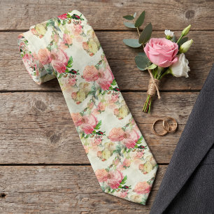 Classy Neck Tie With Peach Pink Antique Roses