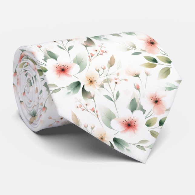 Classy Neck Tie With Peach Pink Sage Green Floral (Rolled)