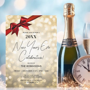 Classy New Years Eve Party Gold Bokeh Red Bow Invitation