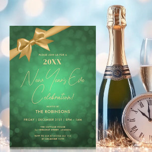 Classy New Years Eve Party Green Gold Bokeh Bow Invitation