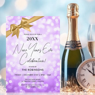 Classy New Years Eve Party Purple Bokeh Gold Bow Invitation