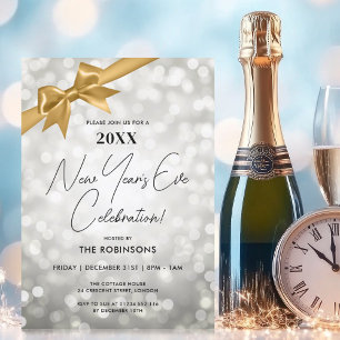 Classy New Years Eve Party Silver Bokeh Gold Bow Invitation