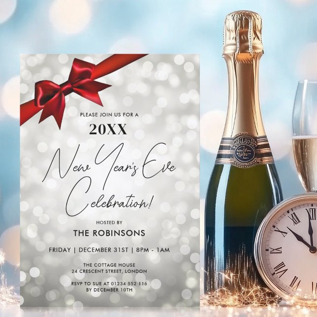 Classy New Years Eve Party Silver Bokeh Red Bow Invitation (Classy New Years Eve Party Silver Bokeh Red Bow Invitation)