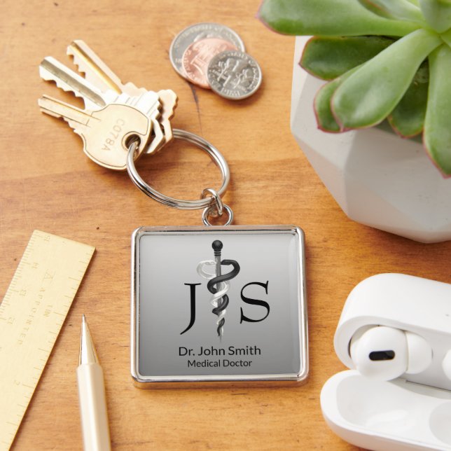 Classy Noble Medical Elegant Black White Asclepius Key Ring (Desk)
