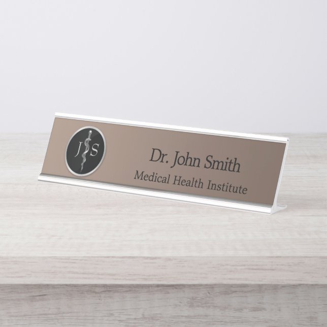 Classy Noble Rod of Asclepius Silver Medical Desk Name Plate (Front)