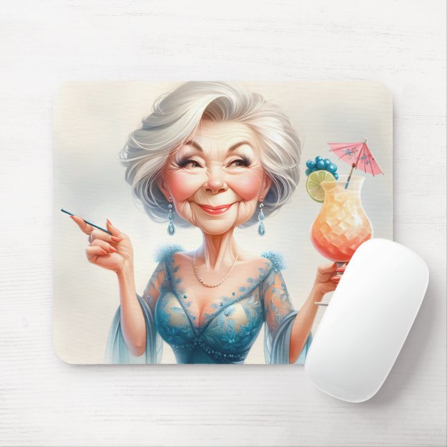 Classy Old Lady With a Cocktail Mouse Pad (With Mouse)
