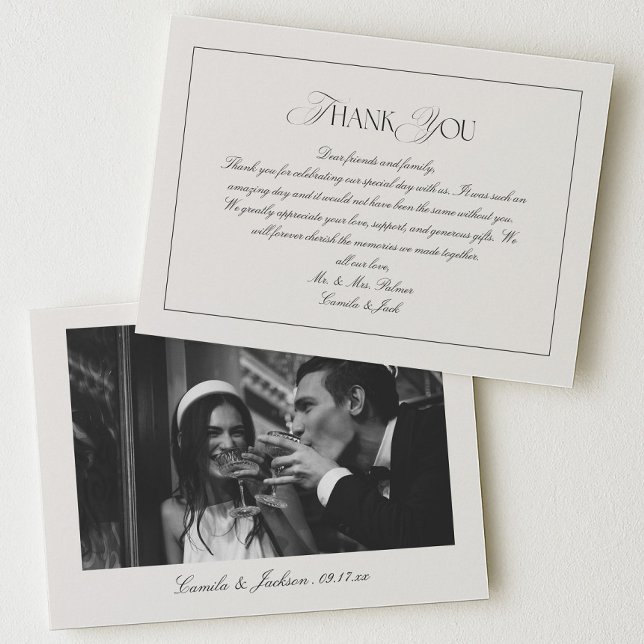 Classy Old Money Black and Ivory Wedding Photo Thank You Card (Creator Uploaded)
