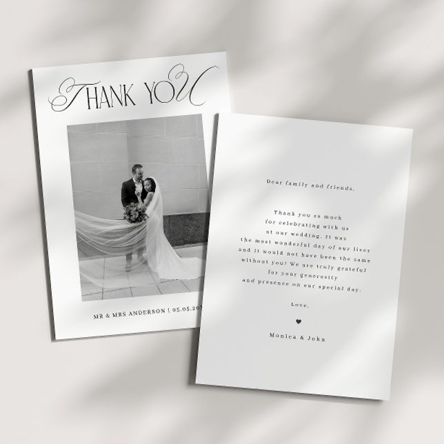 Classy Old Money Script Black White Photo Wedding Thank You Card (Creator Uploaded)
