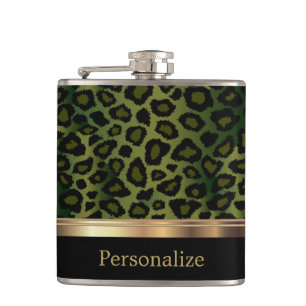 Classy Olive Green Leopard Animal Print Hip Flask