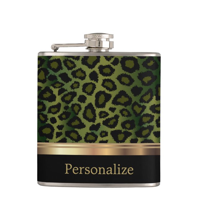 Classy Olive Green Leopard Animal Print Hip Flask (Front)