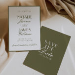 Classy Olive Green Old Money Classic Boho Wedding Save The Date<br><div class="desc">This modern & retro funky minimalist boho Wedding olive green and white Save The Date Template is great for you. If you are looking for a pretty, elegant and easy to customize photo Wedding Save The Date Template. A very elegant simple moss green script wedding save the date on boho...</div>