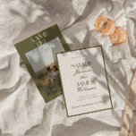 Classy Olive Green Old Money Classic Photo Wedding Save The Date<br><div class="desc">This modern & retro funky minimalist boho Wedding olive green and white Save The Date Template is great for you. If you are looking for a pretty, elegant and easy to customize photo Wedding Save The Date Template. A very elegant simple moss green script wedding save the date on boho...</div>
