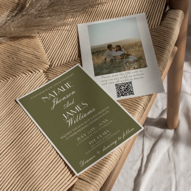 Classy Olive Green Old Money QR Code Photo Wedding Invitation (Creator Uploaded)