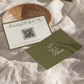 Classy Olive Green Old Money QR Fancy Code Wedding RSVP Card