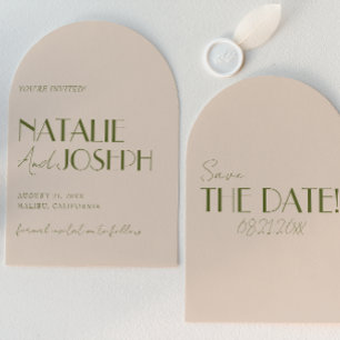 Classy Olive Green Old Money Retro Arched Wedding Save The Date