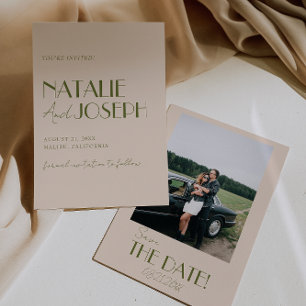 Classy Olive Green Old Money Retro Photo Wedding Save The Date