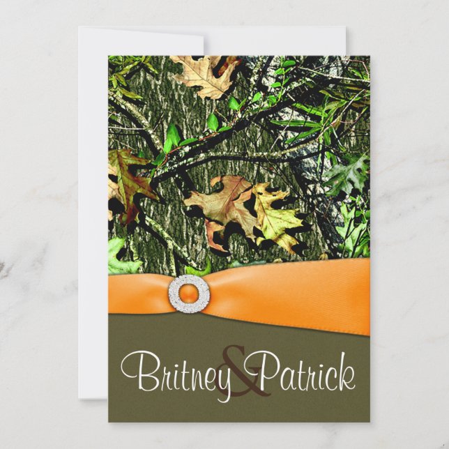 Classy Orange Hunting Camo Wedding Invitations (Front)