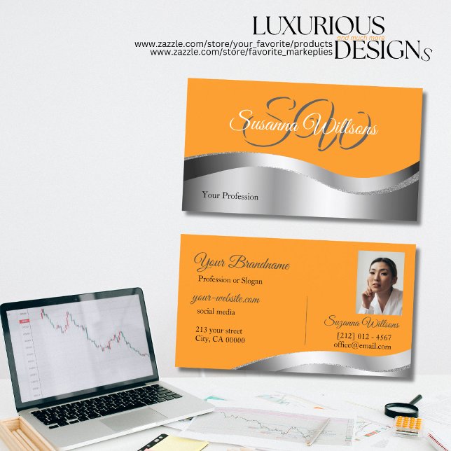 Classy Orange Wavy Silver Decor Initials and Photo Business Card (Creator Uploaded)