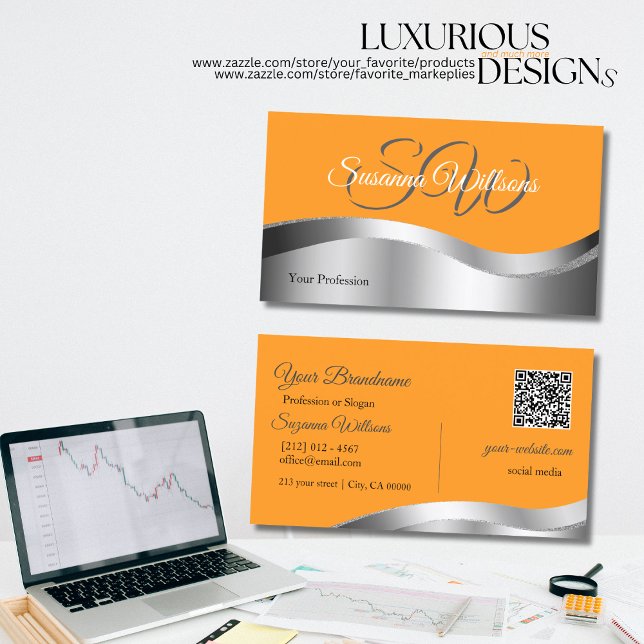 Classy Orange Wavy Silver Decor Initials QR Code Business Card (Creator Uploaded)