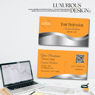 Classy Orange Wavy Silver Decor with Logo QR Code Business Card