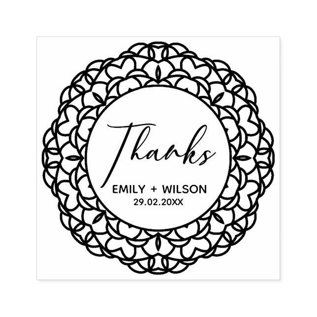CLASSY ORNATE MANDALA CUSTOM SCRIPT THANKS WEDDING RUBBER STAMP (Imprint)